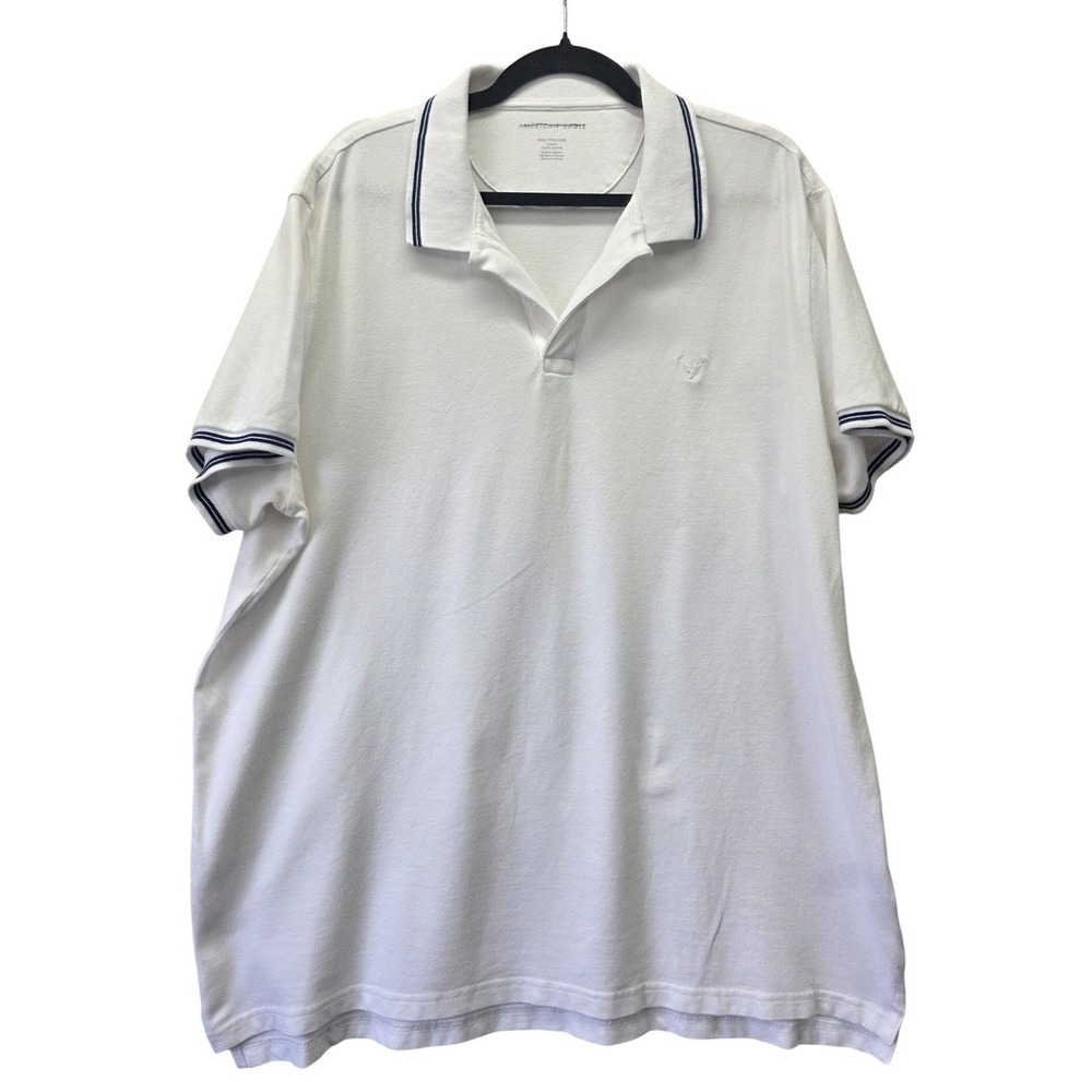 American‎ Eagle Mens XXXL White Navy Tipped Slim Fit Pique Polo Shirt 3XL